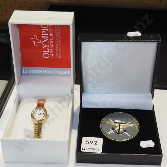 cased ladies Olympic wristwatch, Deployabe Health Organisation military presentation medallion