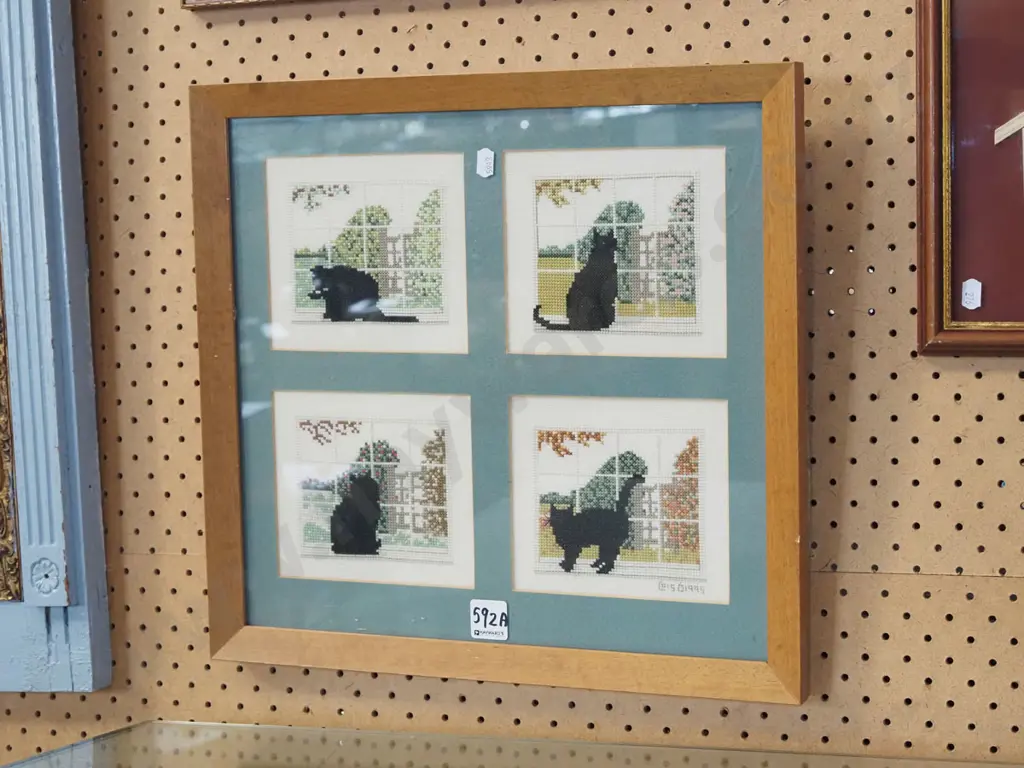 framed set of 4 cat themed needleworks Image 1++
