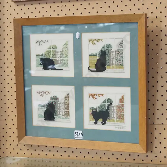 framed set of 4 cat themed needleworks