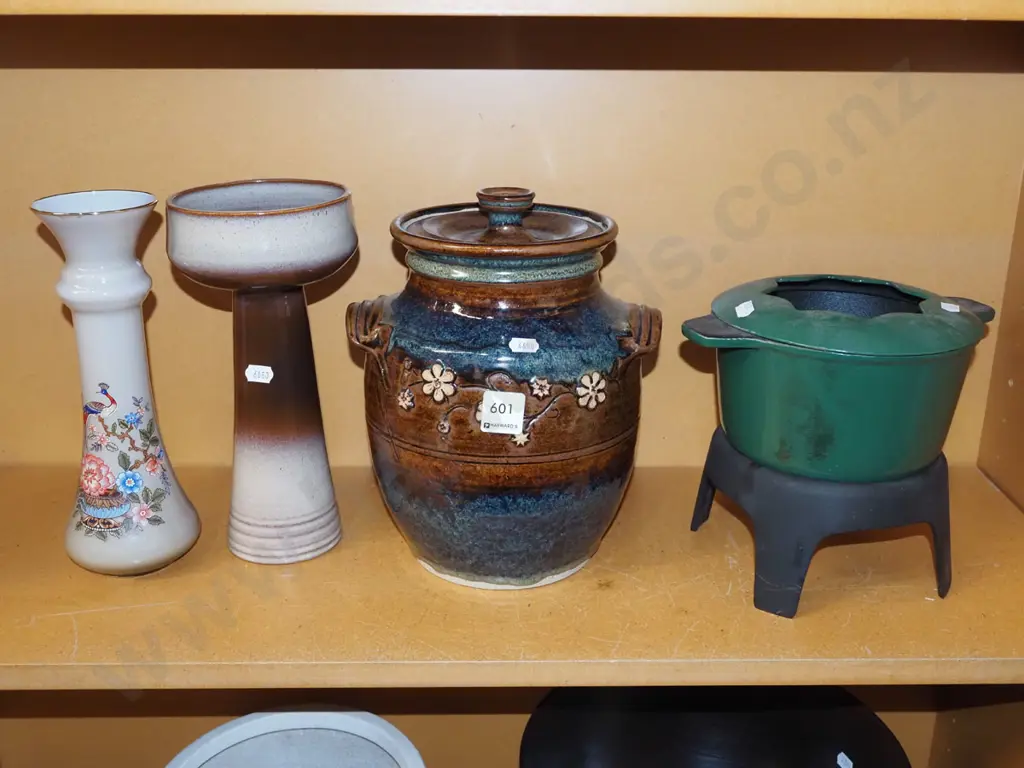 cast iron and enamel fondue pot and stand, glass vase, Teal vase H260 etc Image 1++