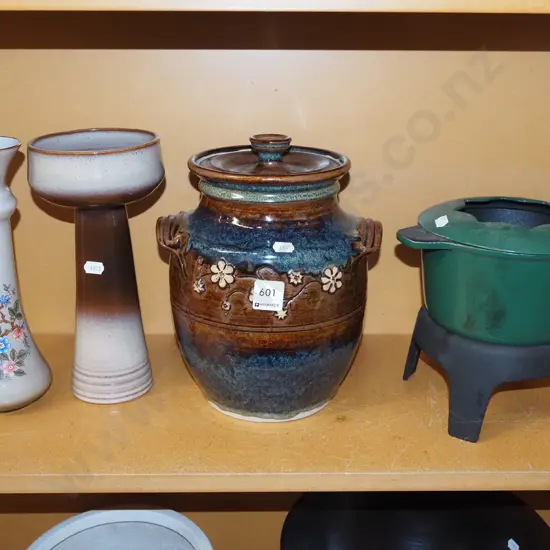 cast iron and enamel fondue pot and stand, glass vase, Teal vase H260 etc
