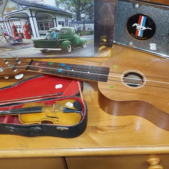 ukulele - needs restringing - and a small model violin