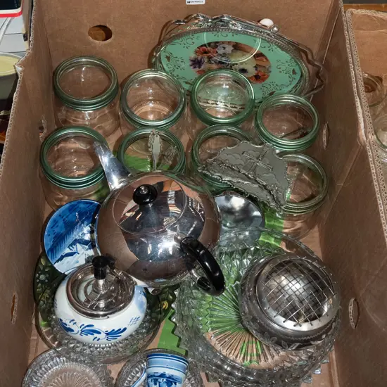box; Agee jars, crystal bowl, delft ashtray etc