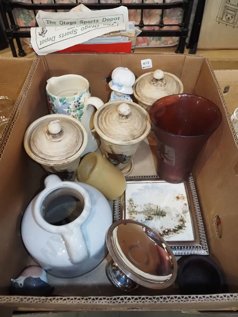 box; decorative canisters, candle, plated comport etc Image 1++