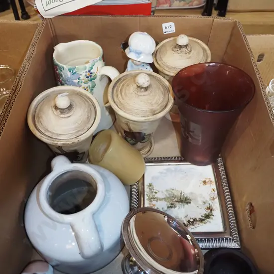 box; decorative canisters, candle, plated comport etc