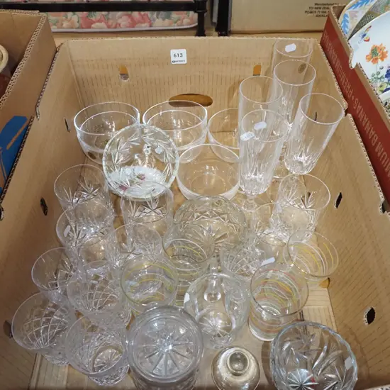 box; crystal and glass ware, tumblers