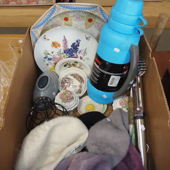 box; ladies faux fur hats, thermos, bbq tools etc