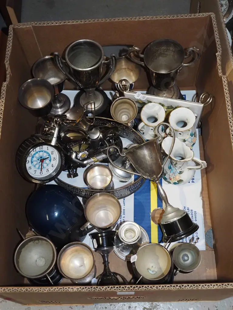 box; assorted plated ware, motorcycle clock etc Image 1++