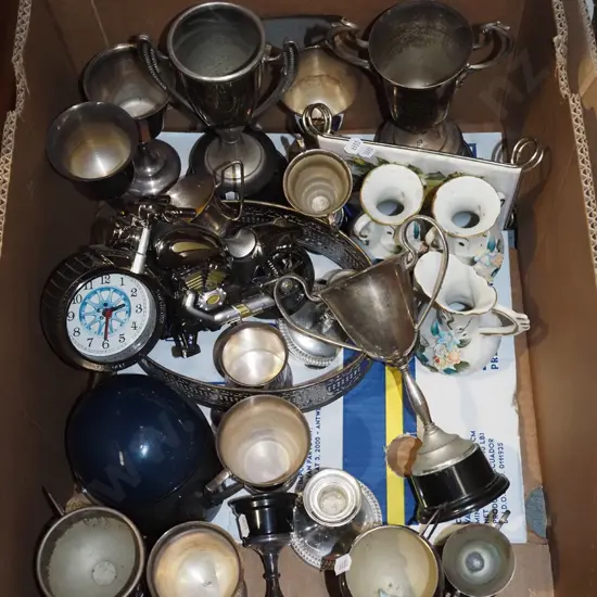 box; assorted plated ware, motorcycle clock etc