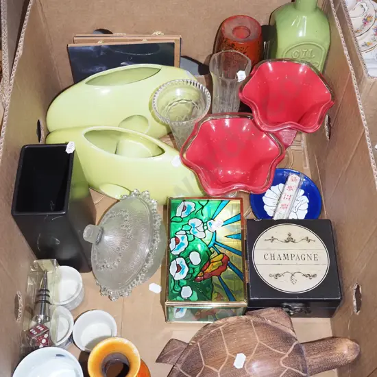 box; wooden turtle, green ceramic vases etc