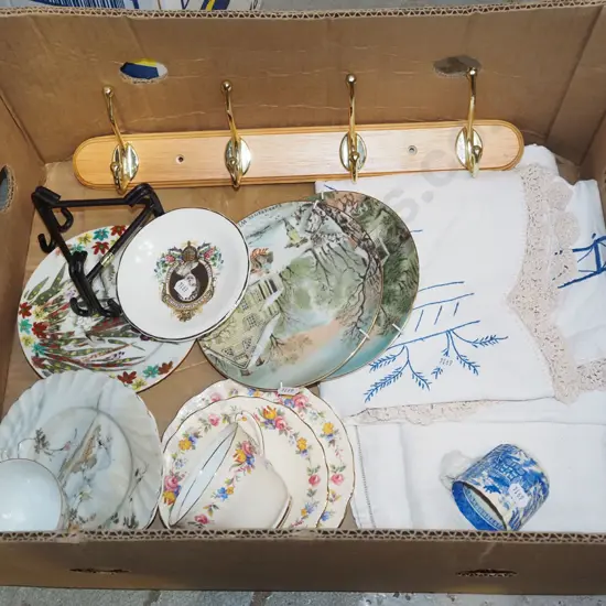 box; coat hooks, hand worked linen, trios etc