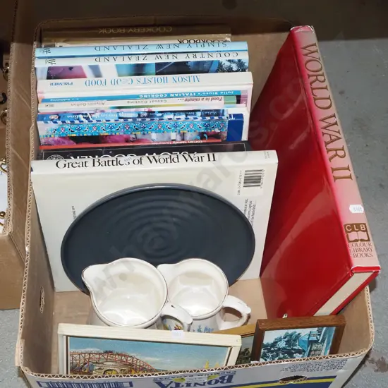 box; various books, jugs, small artworks etc