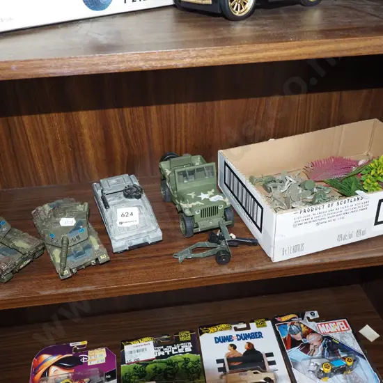 shelf; tanks, jeep, figurines