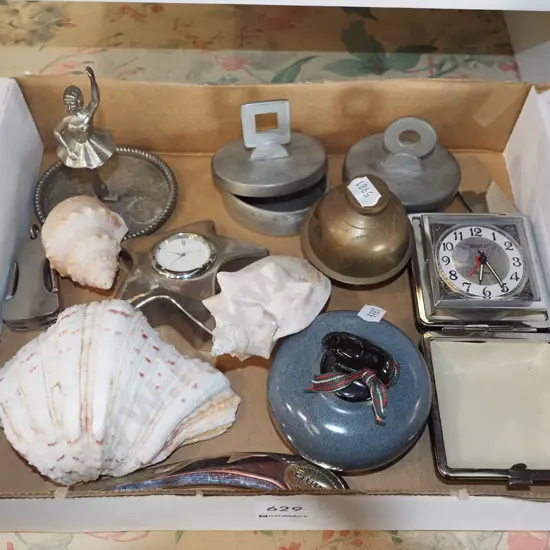 box; seashells, trinket boxes, brass bell etc