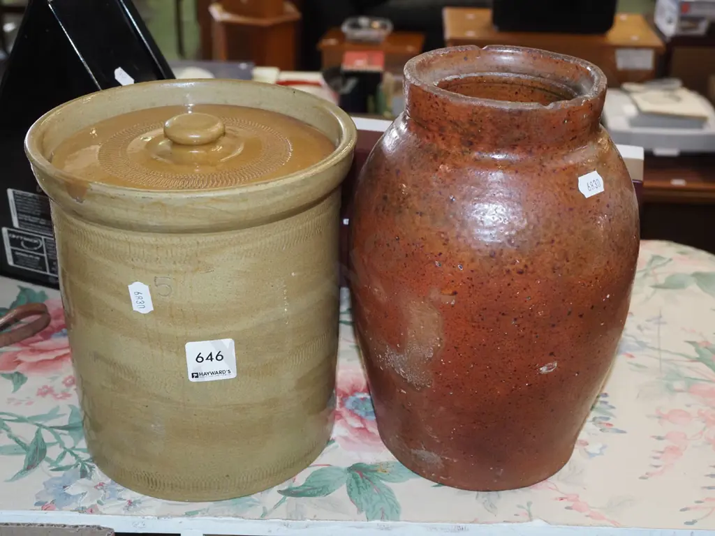 lidded wide mouth storage crock, salt glazed crock Tallest H240 Image 1++