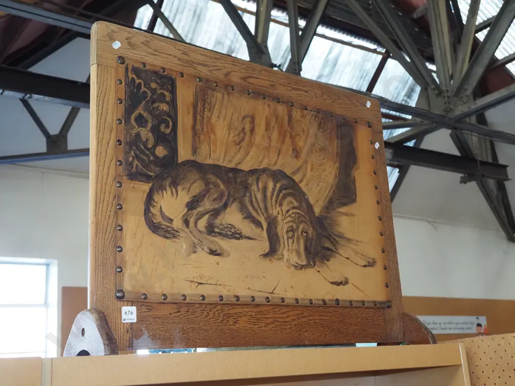 tooled leather and oak firescreen Image 1++