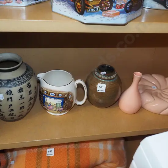 shelf; vases, 1980s ceramic dish etc
