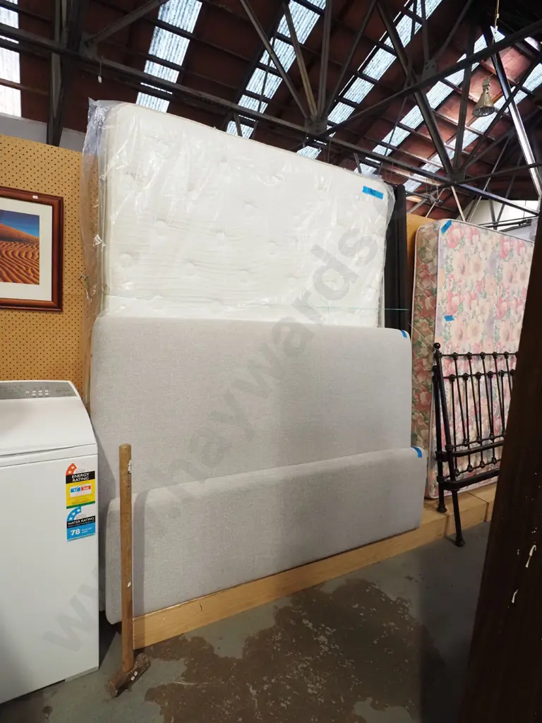 slat bed base, queen mattress and grey upholstered bedends Image 1++