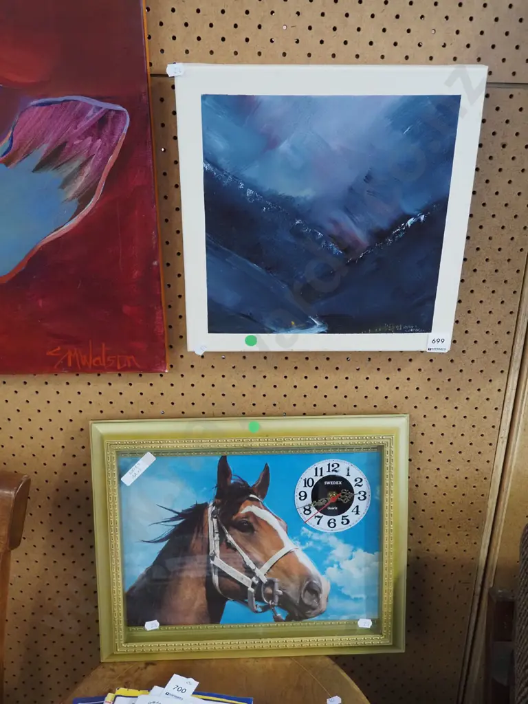 Russ Campbell acrylic on canvas, horse themed wall clock - green dots Image 1++