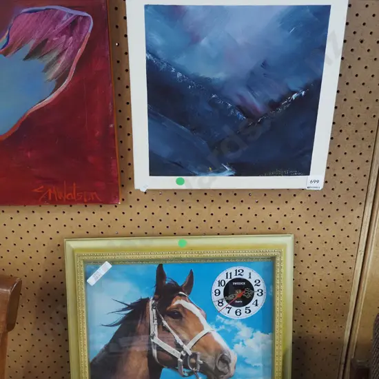 Russ Campbell acrylic on canvas, horse themed wall clock - green dots
