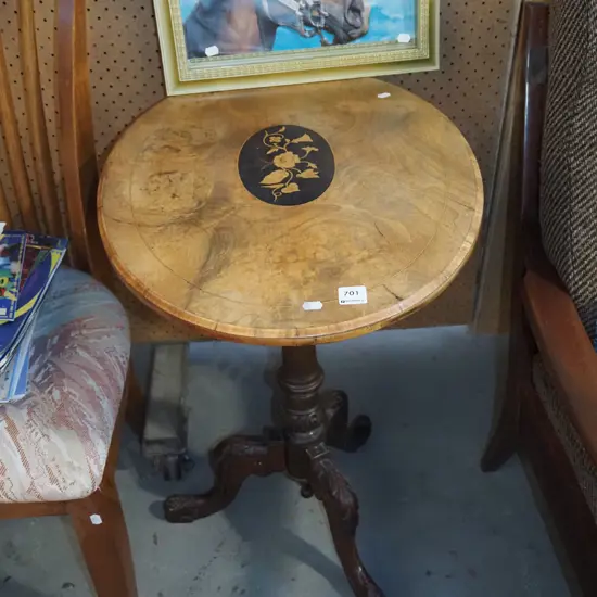 inlaid pedestal wine table with carved base