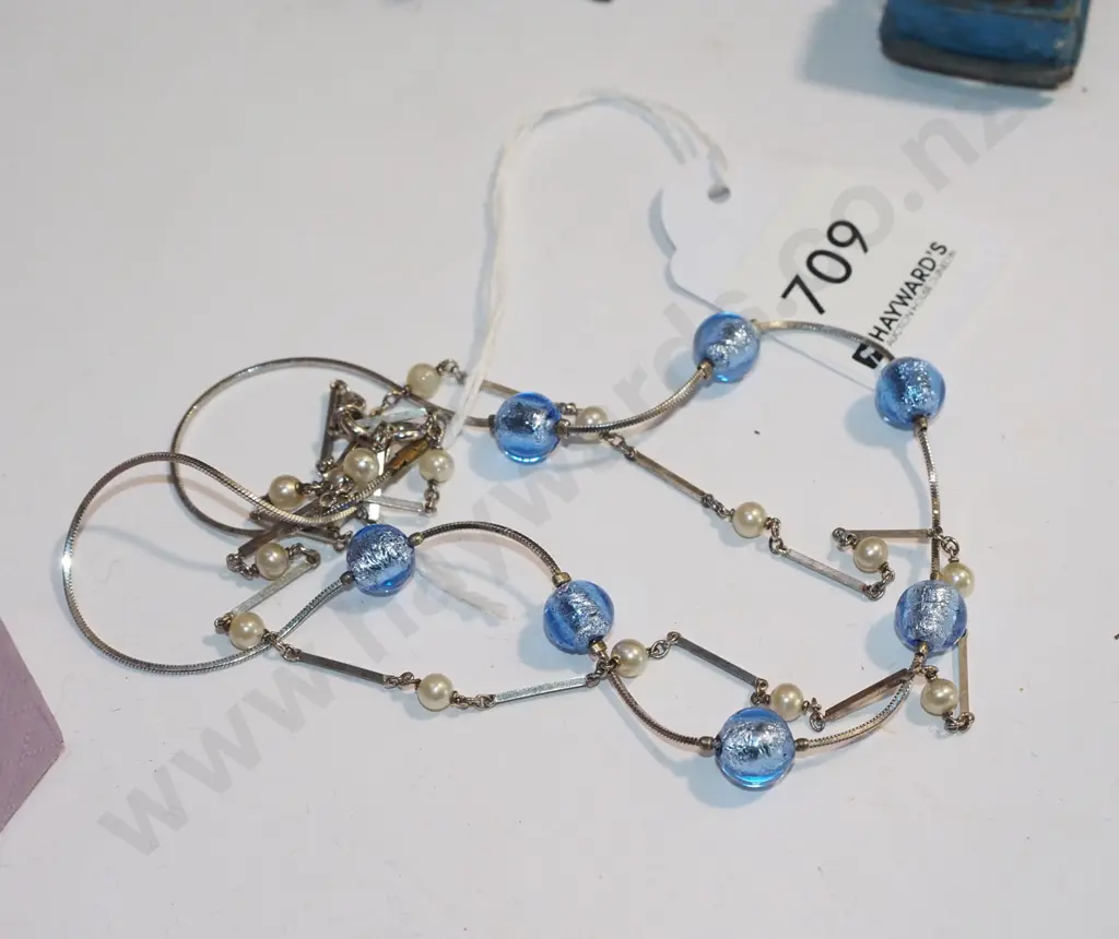 sterling silver blue bead necklace & faux pearl necklace Image 1++