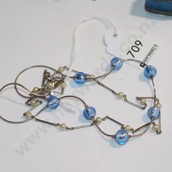 sterling silver blue bead necklace & faux pearl necklace