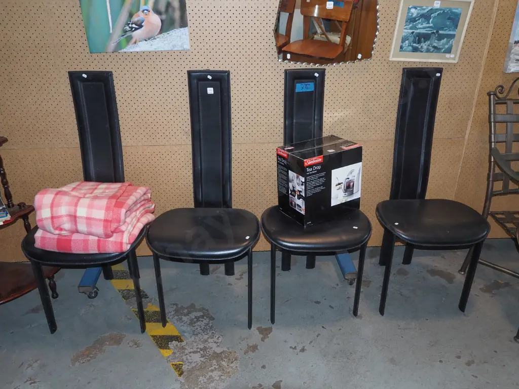 4x black vinyl high backed 1980's dining chairs H1070 Image 1++