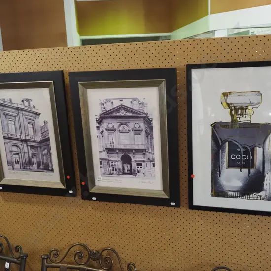 2x framed French themed prints & 1 Coco Channel print - red dots