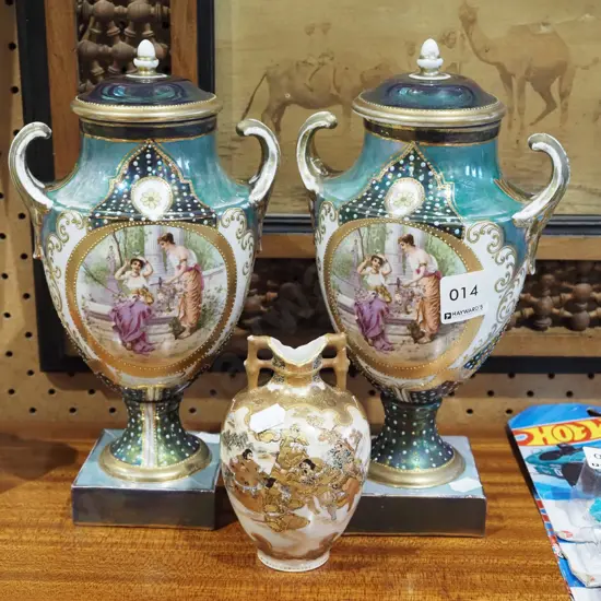 1x small satsuma style vase - crack to rim, 2x romance themed lidded urns H250