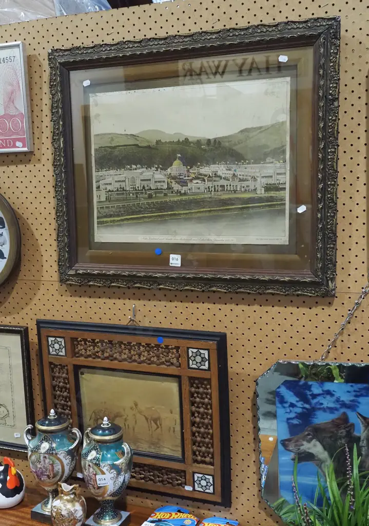framed ornately carved middle eastern print- some borer to frame, framed NZ South Seas Exhibition print - blue dots Image 1++