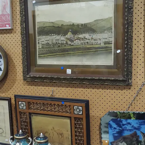 framed ornately carved middle eastern print- some borer to frame, framed NZ South Seas Exhibition print - blue dots