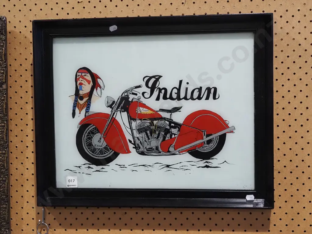 framed Indian motorcycle artwork behind glass Image 1++
