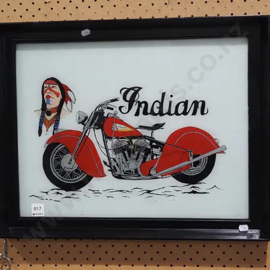 framed Indian motorcycle artwork behind glass