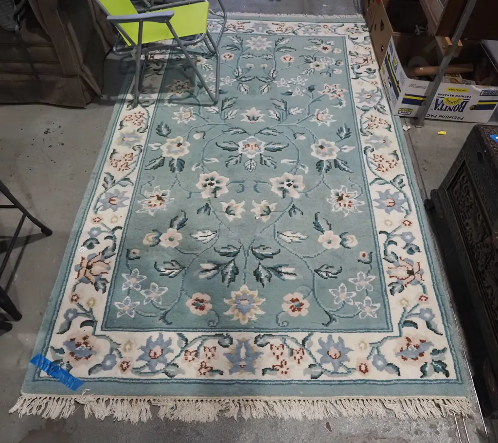 woollen floral floor mat - green, cream, blue - some staining L2460 L1510 Image 1++