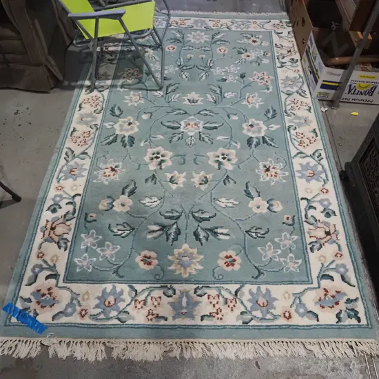 woollen floral floor mat - green, cream, blue - some staining L2460 L1510