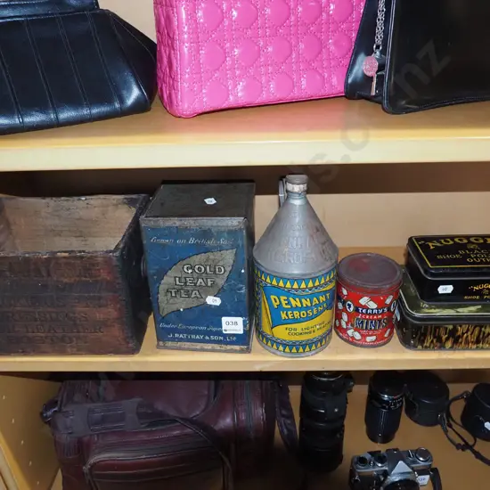 vintage tins, small vintage wooden box