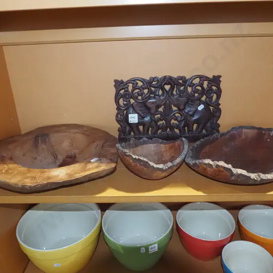 carved pierced elephant screen H200, 3x turned wooden bowls