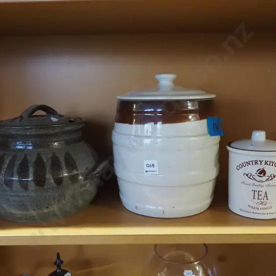 studio pottery soup tureen, 2x lidded ceramic crocks Tallest H270