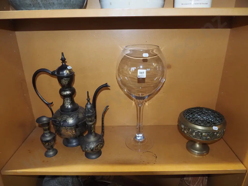 brass rose bowl, coffee pots, large glass goblet vase H400 Image 1++