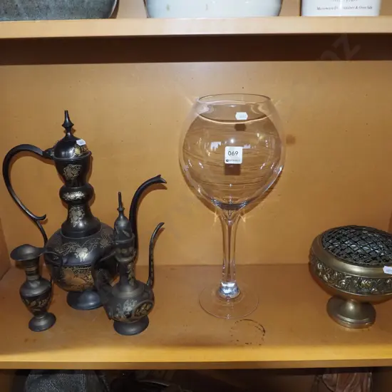 brass rose bowl, coffee pots, large glass goblet vase H400