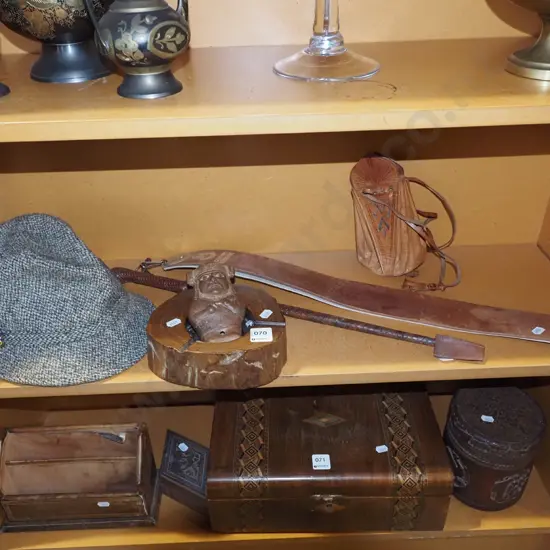 tweed hat, razor strop, riding crop etc