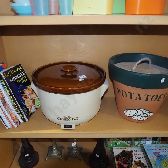 Ralta crock pot, cooking books, potato terracotta storage pot