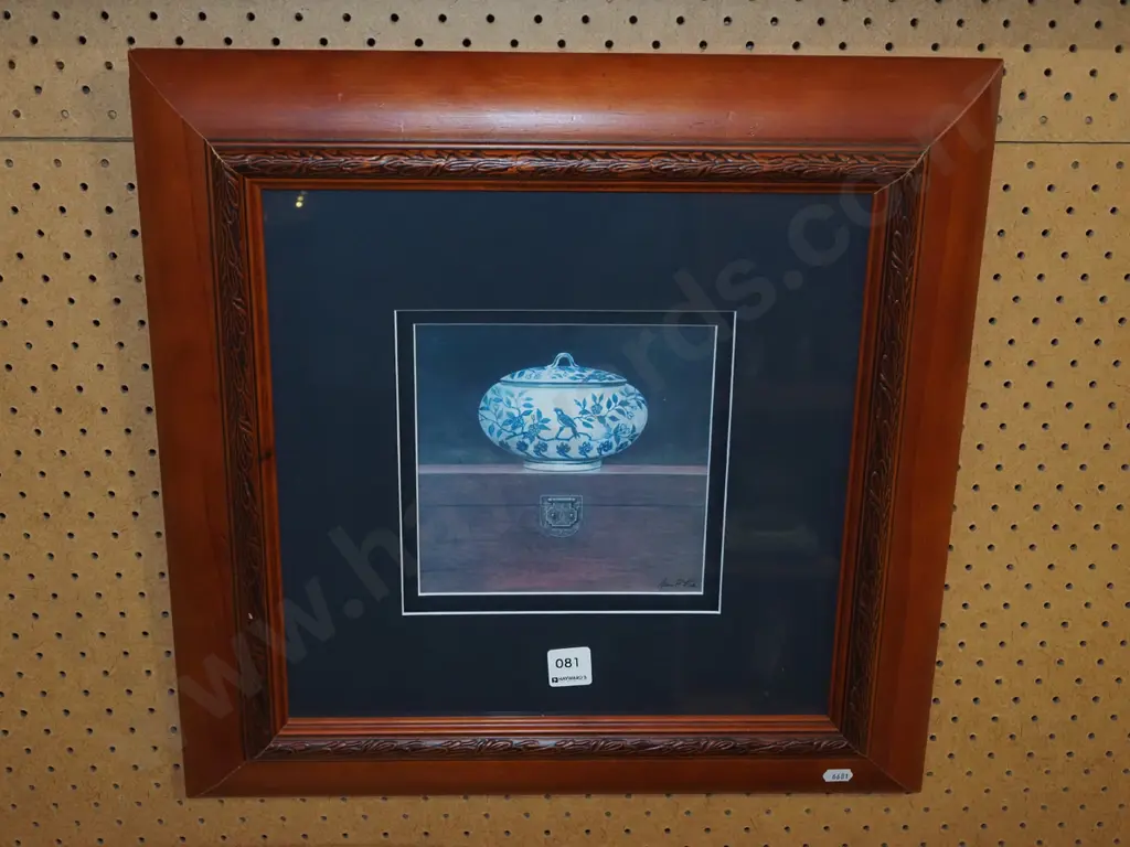 framed print - blue and white lidded canister on chest Image 1++