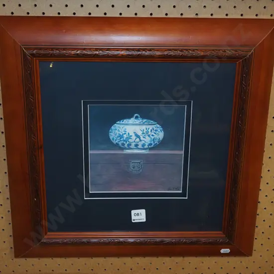 framed print - blue and white lidded canister on chest