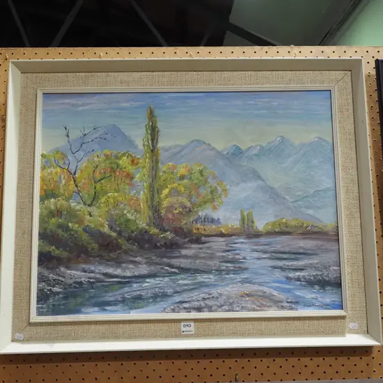 framed oil - stream and mountain scene