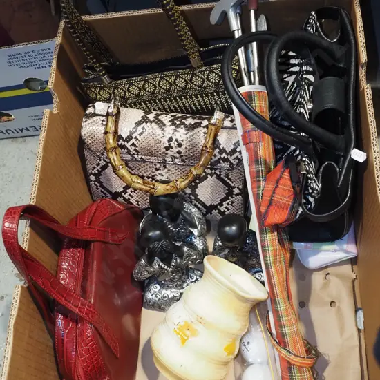 box; hand bags, figurines, vase etc