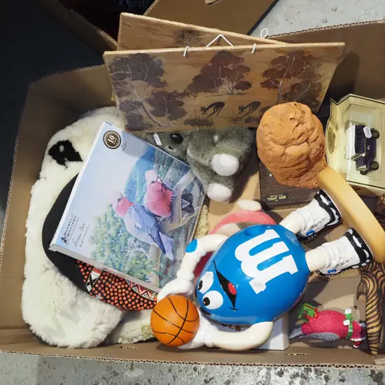 box; soft toys, M&M toy, plate  etc