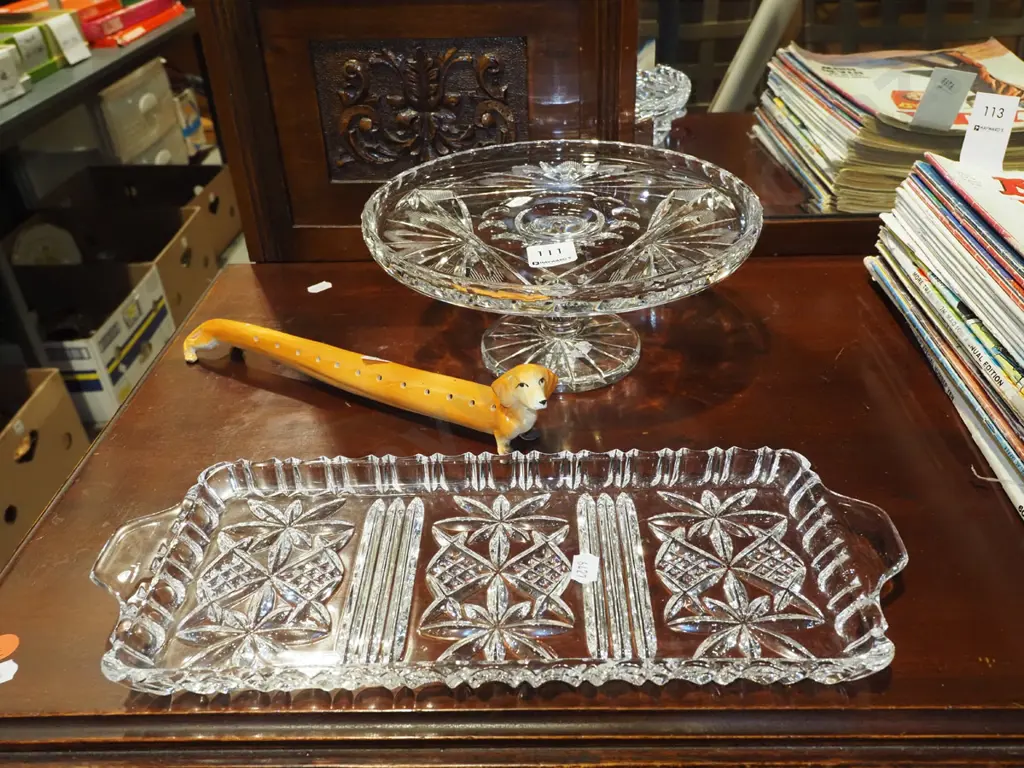 cut crystal comport, sandwich tray, sausage dog tooth pick holder L260 Image 1++