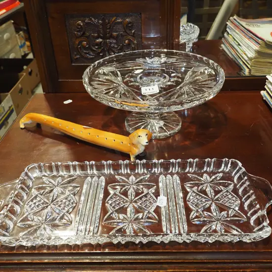 cut crystal comport, sandwich tray, sausage dog tooth pick holder L260
